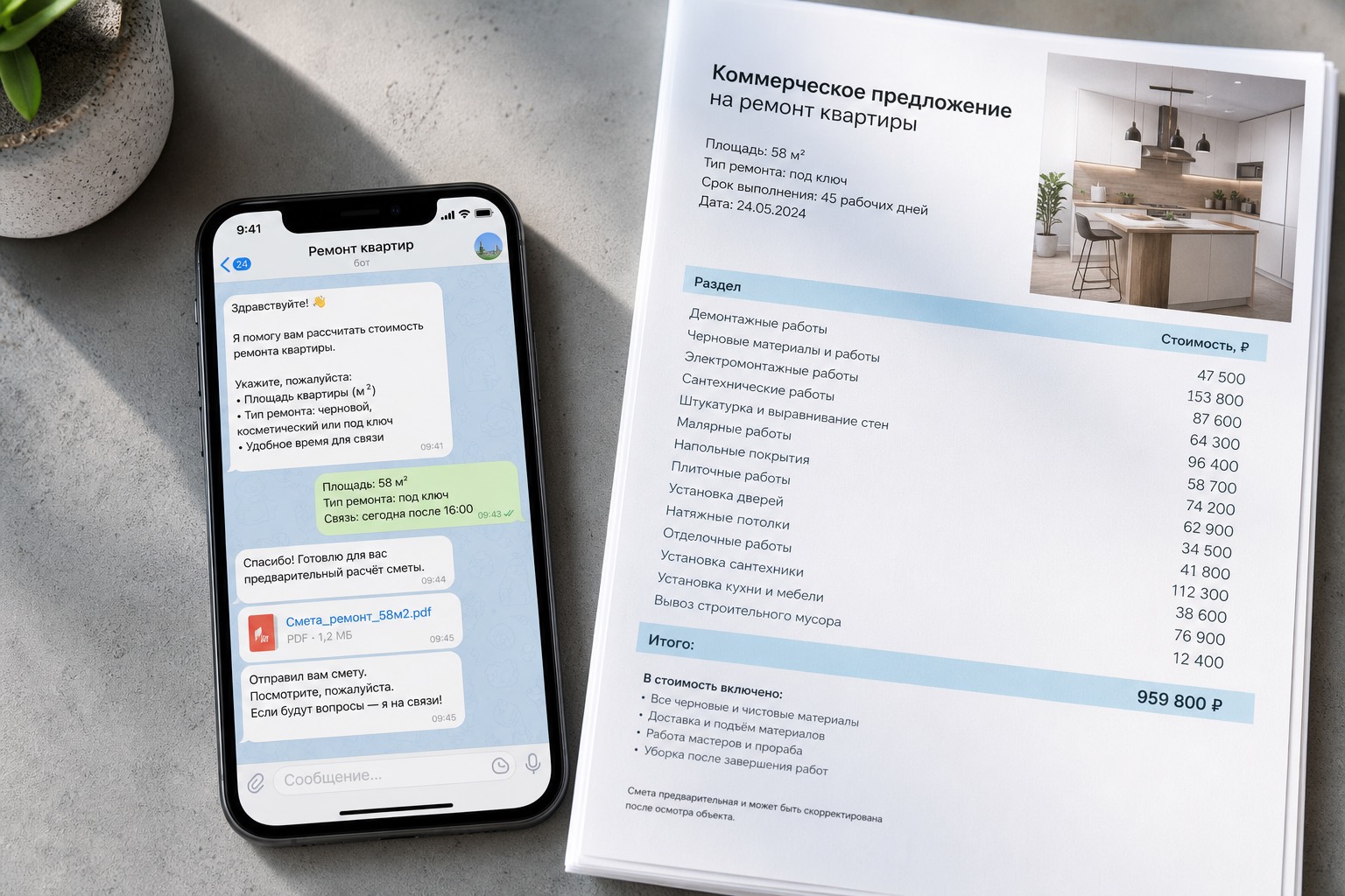 Смета и переписка в Telegram на столе